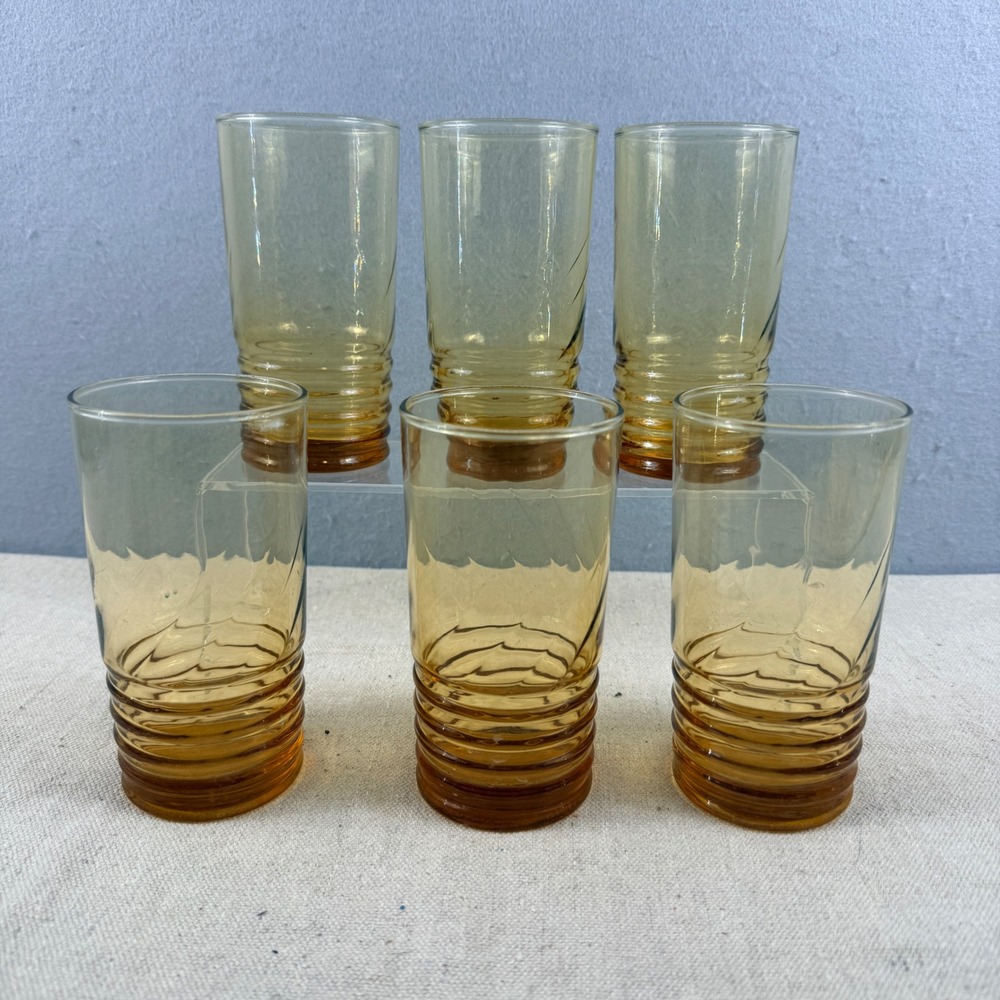 Vintage Libbey Amber Glass Highball Tumblers Set of 6 Ribbed Base Mid Century